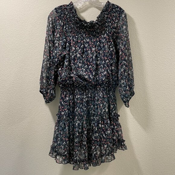 MUCHE MUCHETTE Off Shoulder Floral Tiered Mini Dress Navy Pink Size OS - Picture 3 of 9